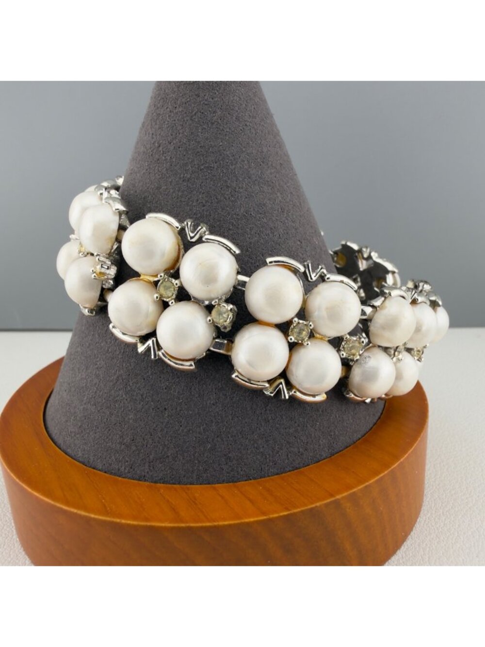 Vintage Faux Pearl Bracelet Rhinestone Silver Tone Mid Century Statement 7.25"